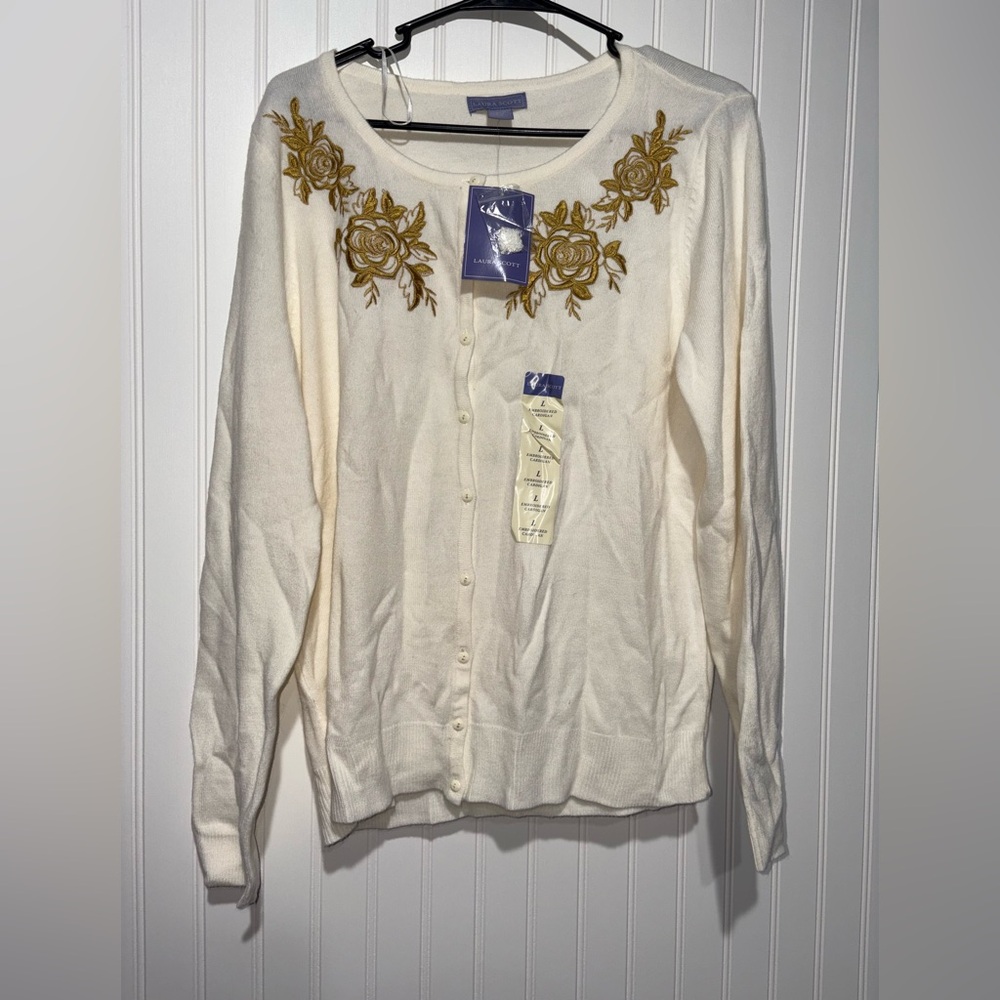 NWT Laura Scott Cream Embroidered Cardigan| Size Large